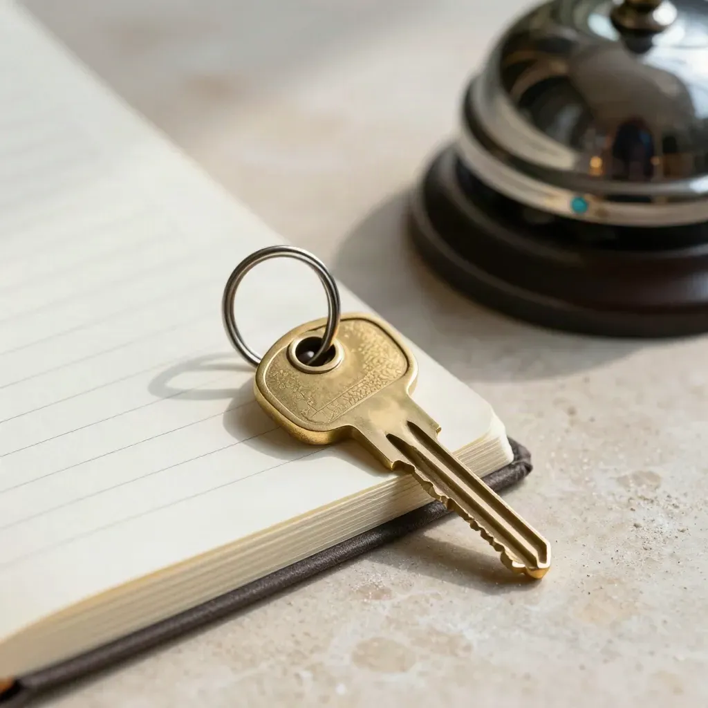 Kireç taşında pirinç oda anahtarı, keten defter ve turkuaz detaylı çağrı zili.