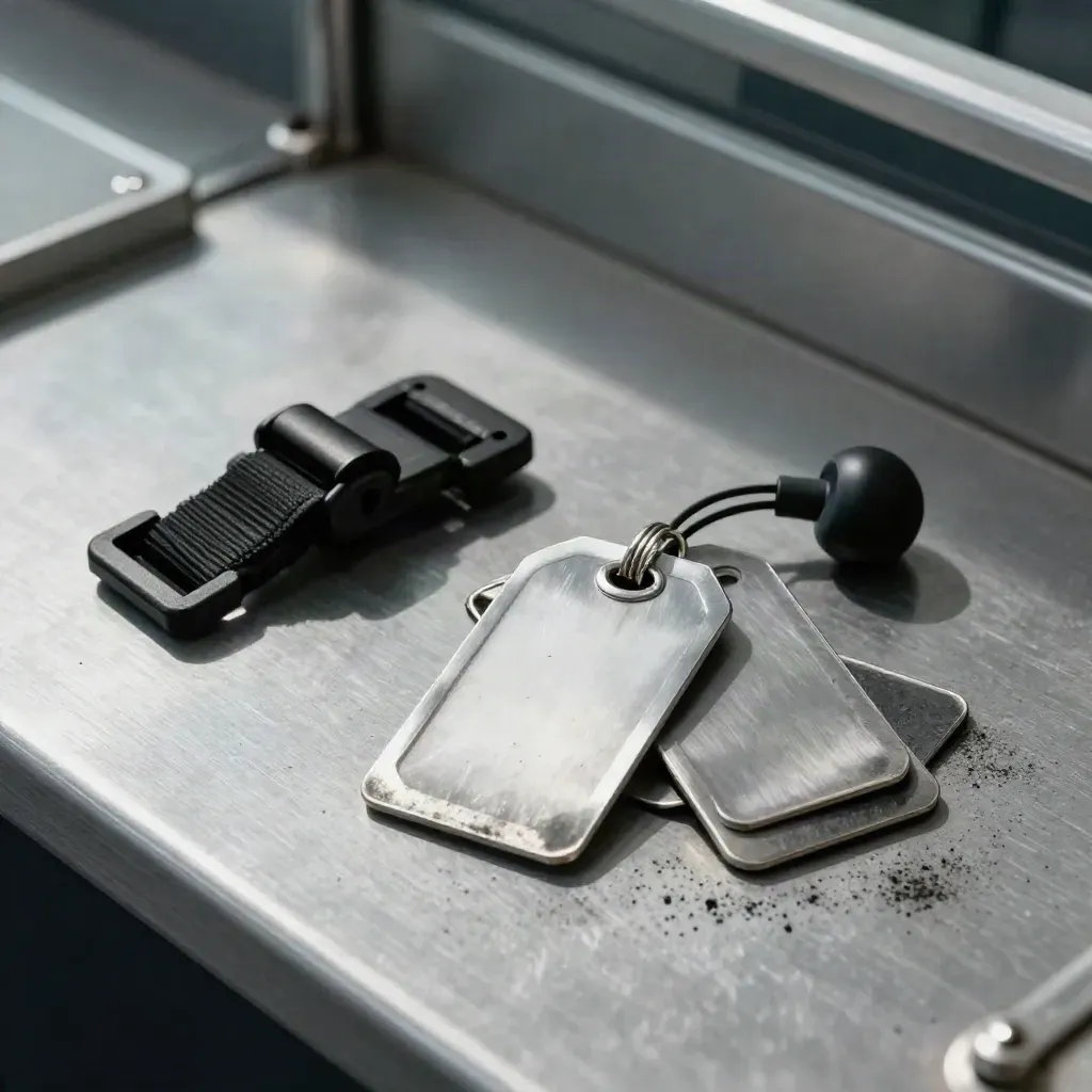 Brushed steel üzerinde bagaj etiketleri, kilitli kayış tokası ve kulaklık ucu.
