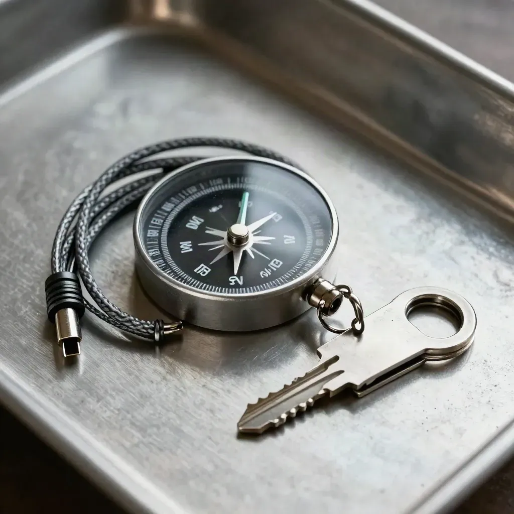 Brushed metal üzerinde pusula, navy kablo halkaları ve titanyum şişe klipsiyle seyahat seti.